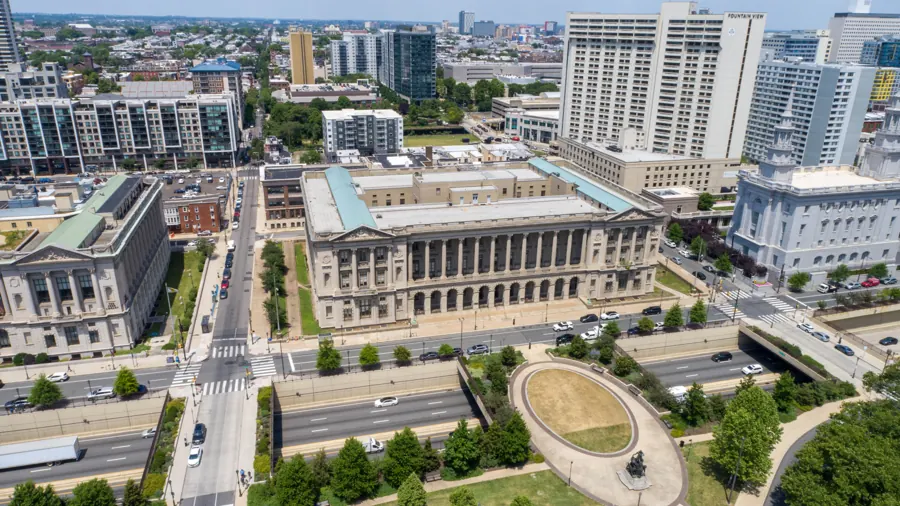 Buildings along the Benjamin Franklin Parkway from above