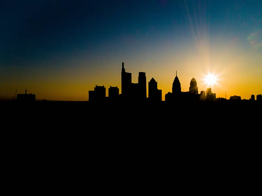 Philadelphia skyline, sunset silhouette view