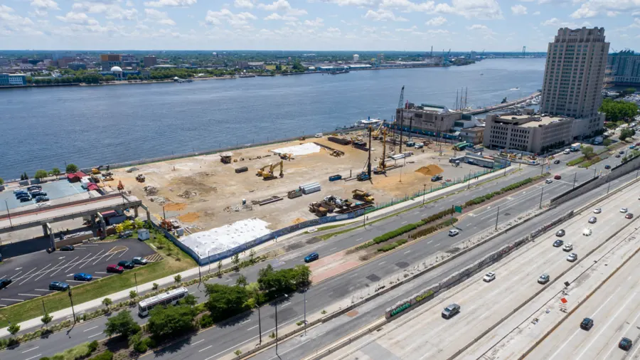 Construction site on the Delaware River waterfront beside I-95
